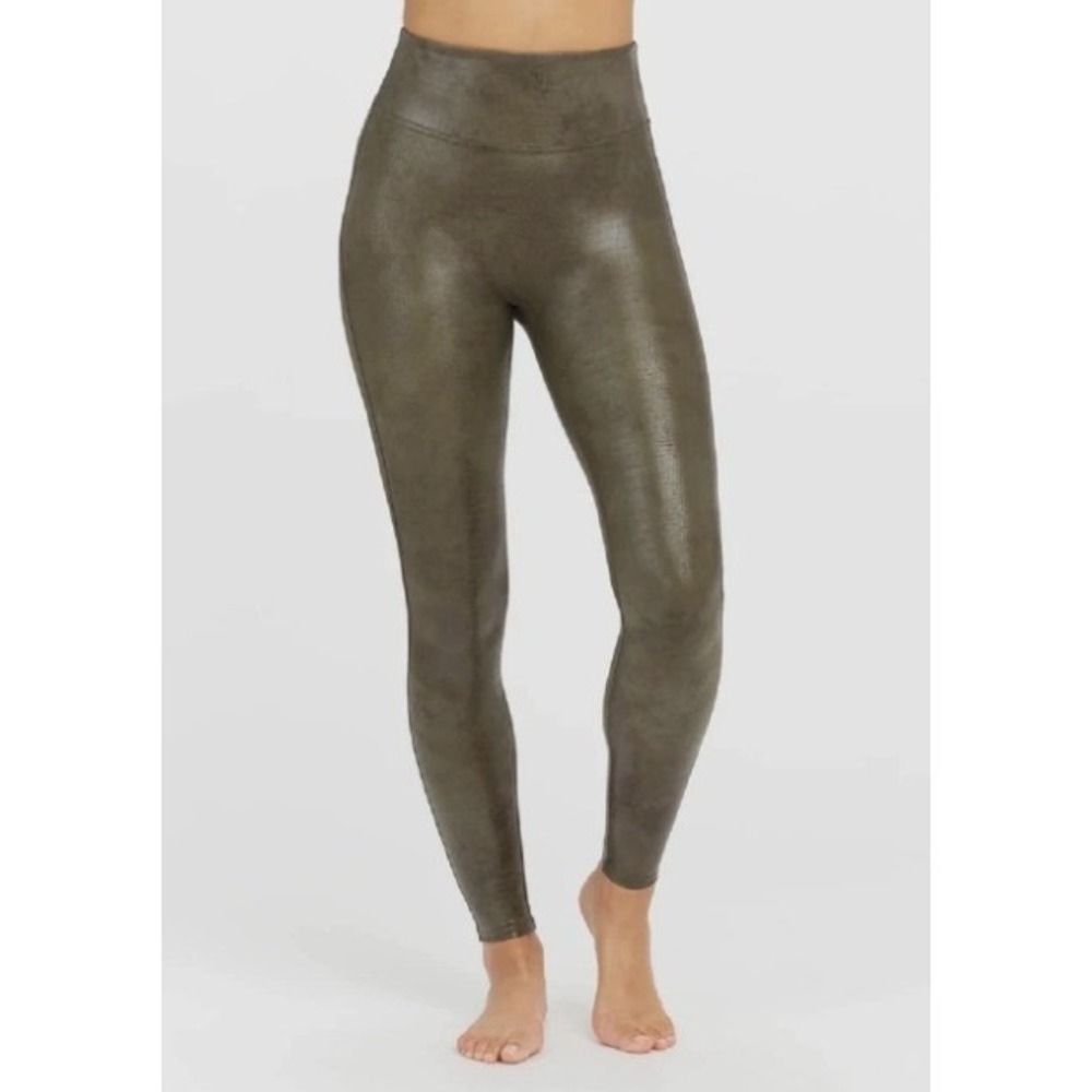 Spanx Faux Leather Croc Shine Leggings Size XL Olive Green High Rise Sculpting